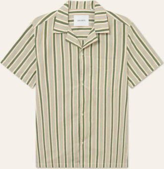 Les Deux Mens Klark Stripe Short Sleeve Shirt In Chive Green Thai Curry