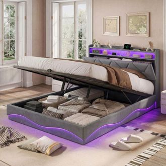 OEM Cama Cofre 160 X 200 Con Somier, Cama De 2 Plazas Con Usb Y Led, Cama 160x200 Con Lamas, Cama Tapizada Doble Gris