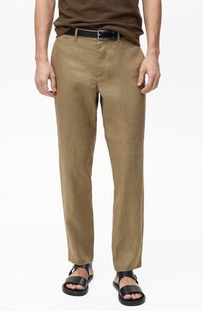 Mango Slim Fit Linen Pants in Khaki at Nordstrom, Size 34