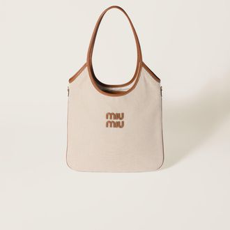 Miu Miu Ivy Canvas And Leather Bag, Woman, Beige/brandy
