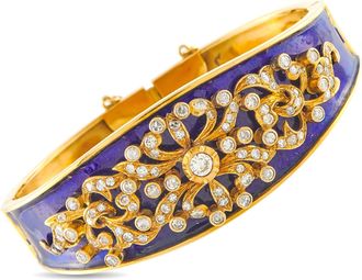 Luxury Bazaar Antique 18K Yellow Gold 2.59 ctw Diamond and Blue Enamel Bangle Bracelet MF08-070626