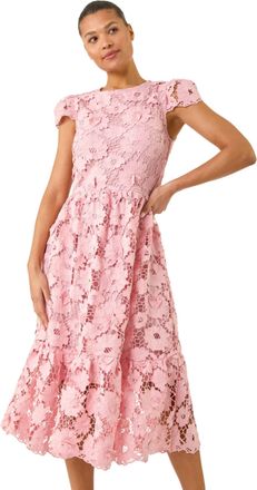 Roman Womens Crochet Floral Lace Midi Dress - Pink - Size 16 UK