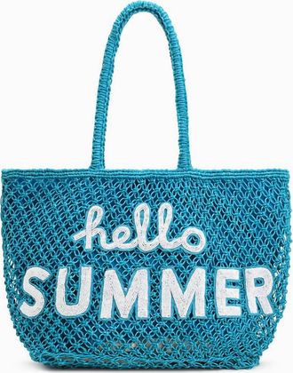 America & Beyond Hello Summer Beaded Macrame Jute Tote Bag In Blue