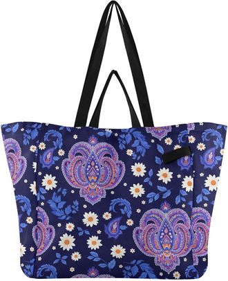 Generic Floral Flowers Blue print Reusable Canvas Tote Bag, Heavy Duty Grocery Shopping Bag with Large Capacity Double Handles Hard Bottom Work Groceries Trav