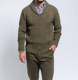 SMF Shawl Collar Pullover Cable Knit Sweater In Green