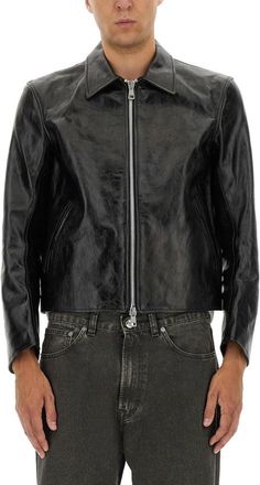 Our Legacy Cropped Black Leather Jacket With Classic Collar