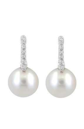 Effy 14K White Gold Diamond Fresh Water Pearl Dangle Hoop Earrings in 14K Gold at Nordstrom