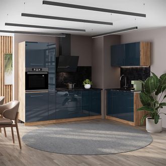 Vicco Cocina Fame-line, Azul Oscuro Alto Brillo/roble Dorado, 340 X Cm, Et Antracita, Vicco