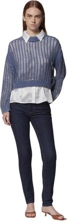John Richmond Blauwe geperforeerde top met wit overhemdinzet - Dames - Ronde hals truien - Blauw - M - Katoen - Truien & Vesten