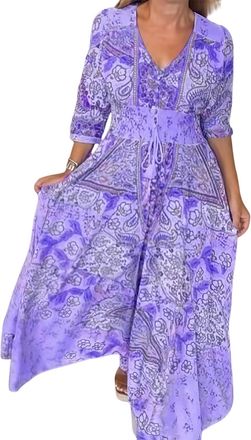 Generic Womens Elegant Floral Drawstring Long Dress, Boho for Summer V-Neck Adjustable Waist Breathable Dress for Vacation (Purple,XL)