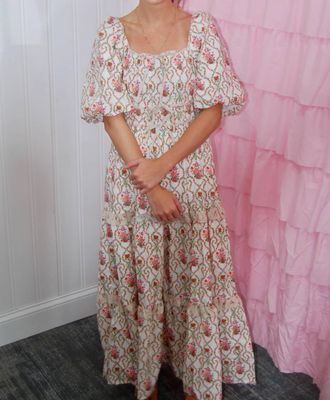 Peach Love California Sabrina Poplin Puff Sleeve Floral Maxi Dress In Off-White