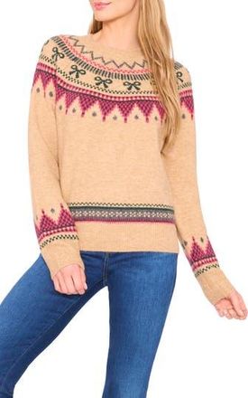 CeCe by Cynthia Steffe Bow Fair Isle Ribbon Detail Crewneck Sweater in Latte Heather at Nordstrom Rack, Size Xx-Large