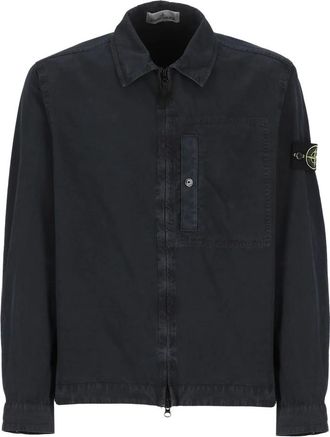 Stone Island Jassen, Heren, Blauw, M, Katoen, Katoenen overhemd