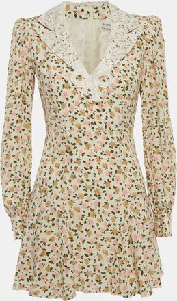 Alessandra Rich Cream Floral Print Lace Trim Mini Dress