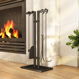 OEM Juego De 5 Herramientas Para Chimenea, De Metal: Cepillo, Pala, Pinzas, Atizador Y Soporte, Color Negro. Accesorio Para Chimenea Y Estufa -crezuo