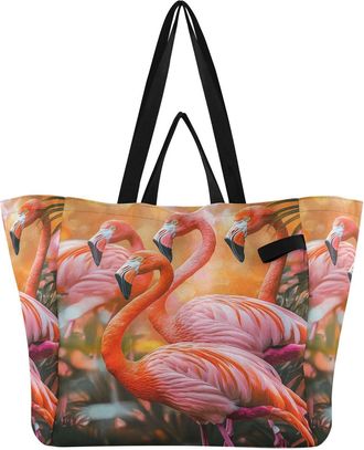 Generic Flamingo Orange print Reusable Canvas Tote Bag, Heavy Duty Grocery Shopping Bag with Hard Bottom Large Capacity Double Handles Work Groceries Travel