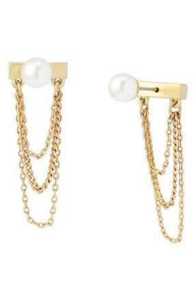 AllSaints Faux Pearl Swag Chain Front/Back Earrings in Pearl/Vintage Gold at Nordstrom