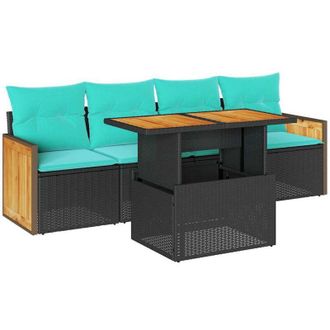vidaXL 5 Piece Garden Sofa Set with Cushions Black Poly Rattan Acacia vidaXL