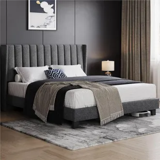 Yaheetech Yaheetech - Cama tapizada 160 x 200 cm Cabecero a Rayas con Alas Láminas de Madera y Metal Cama Matrimonial Color Gris Oscuro