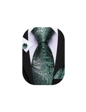 Barry.Wang Mens Paisley Tie Green Silk Necktie Pocket Square Cufflinks Set Wedding Party