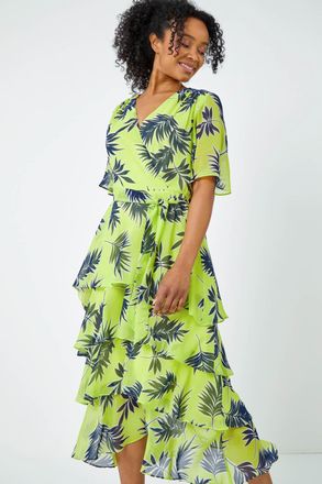 Roman Tropical Chiffon Tiered Midi Dress