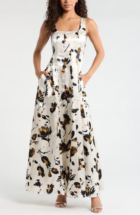 Melloday Floral Print Satin Maxi Dress in Bone Multi at Nordstrom, Size X-Small
