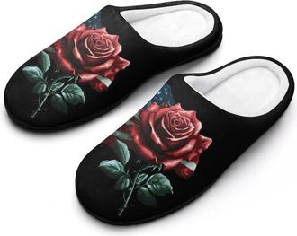 Generic United States Flag Rose Memorial Slippers Men Winter Warm Cotton Anti-Slip Indoor Slip-Ons House Shoes