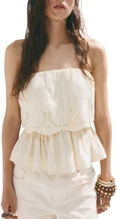 Mango Maui Openwork Embroidered Strapless Gauze Peplum Top in Ecru at Nordstrom, Size X-Large