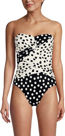 Lands End Slender Suit Shine Bandeau Tummy Control Chlorine Resistant High Leg One Piece Swimsuit in Black/egret Mixed Tossed Dots at Nordstrom
