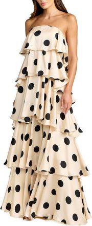 Mac Duggal Strapless Polka Dot Charmeuse Ruffle Gown in Cream Black at Nordstrom, Size 12