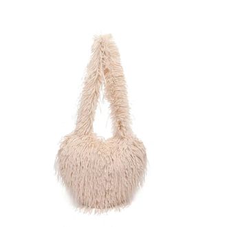 Generic Womens Plush Bags Long Plush Shoulder Bags Solid Candy Color Female Furry Crossbody Bag Heart Shape Womens Underarm Handbags(Khaki)