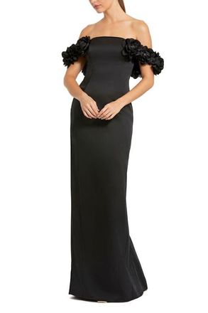 Mac Duggal Satin 3D Flower Off The Shoulder Mermaid Gown in Black at Nordstrom, Size 10