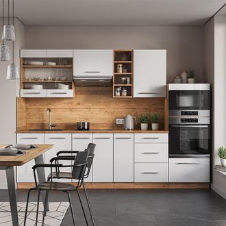 Vicco Mueble De Cocina Fame-line, Blanco Brillo Intenso/roble Dorado, 280 Cm Sin Encimera
