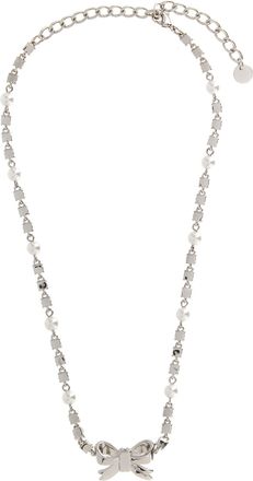 Self Portrait Crystal Bow Pearl Necklace - silver