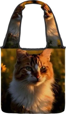 Generic Sunflowers Sunshine Cat Reversible Canvas Shoulder Tote - Double-Sided Print, 12oz Cotton, 27cm Drop, Fold-Flat Bag for Travel, Shopping, Street Outin