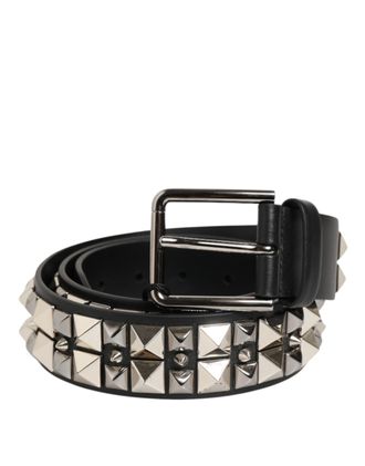 Dolce & Gabbana Black Calf Leather Studded Silver Buckle Mens Belt