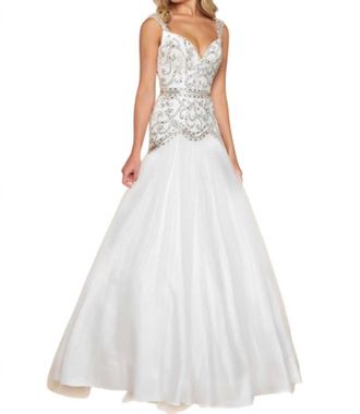Mac Duggal Beaded Bodice Fit And Flare Ball Gown In White/silver