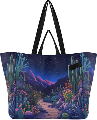 Generic Cactus Stars Blue print Reusable Canvas Tote Bag, Heavy Duty Grocery Shopping Bag with Double Handles Hard Bottom Large Capacity Work Groceries Travel