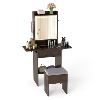 Costway Costway Compact Vanity Desk Makeup Dressing Tablew/ Power Outlets & Mirror in Brown