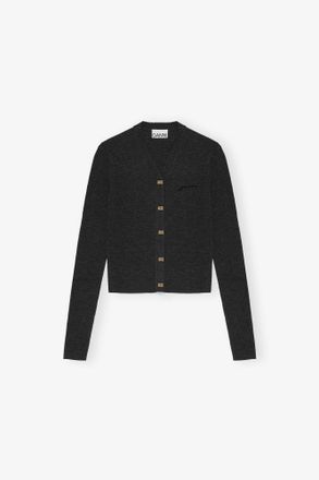 Ganni Mixed Black Mini Ribbed Merino Cardigan - Size XXS Wool