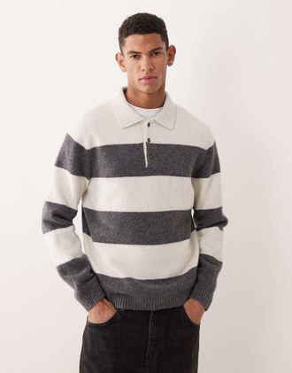Mango Maglione stile polo color &eacute;cru a righe-Neutro