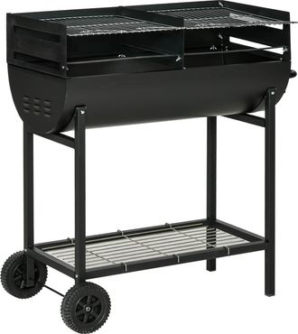 OUTSUNNY Barbecue In Acciaio Con 2 Griglie Indipendenti E 2 Ruote Nero - Outsunny
