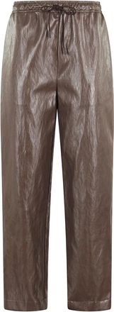 SOLOTRE Barolo Leatherette Broek met Elastische Taille - Dames - Straight fit broeken - Bruin - M - Leer - Broeken