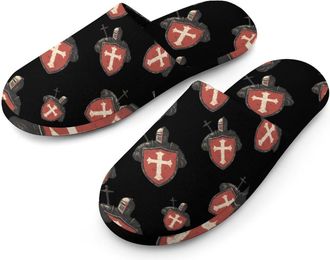 Generic Vintage Knights Templar Flannel Mens Slip-on Slippers Winter Warm House Shoes with Rubber Sole for Home Hotel