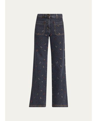 Etro Patch Pocket Polka-Dot Denim Wide-Leg Jeans