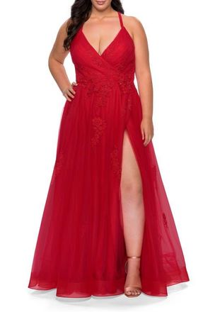 La Femme Plus Size A-line Tulle Dress with Floral Detailing in Red at Nordstrom, Size 12W