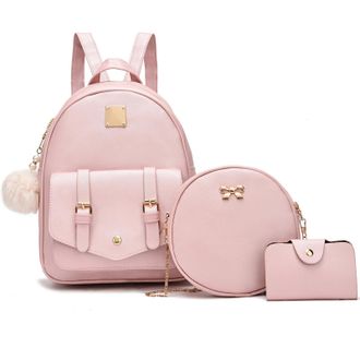 I Ihayner Womens 3 Piece Fashion Leather Backpack Set Mini Backpack Handbag Rucksack Satchel Shoulder Bag for Ladies Gold Pink