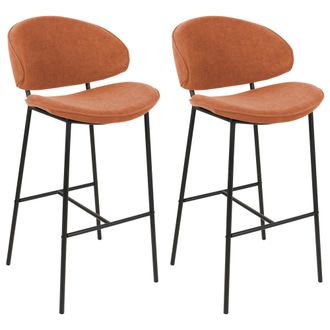 Beliani Conjunto De 2 Sillas De Bar Modernas Asiento Tapizado En Tela Respaldo Curvo Sin Reposabrazos Patas Negras Naranja Kiana