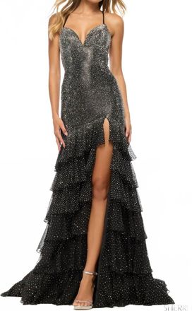 Sherri Hill Tiered Ruffle Skirt Hot Fix Dress In Black/silver