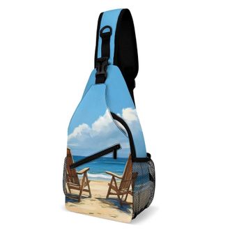 Generic Two Wooden Beach Chairs Mens Shoulder Bags Sling Crossbody Backpack Travel Hiking Chest Bag with Small Side 38x20cm